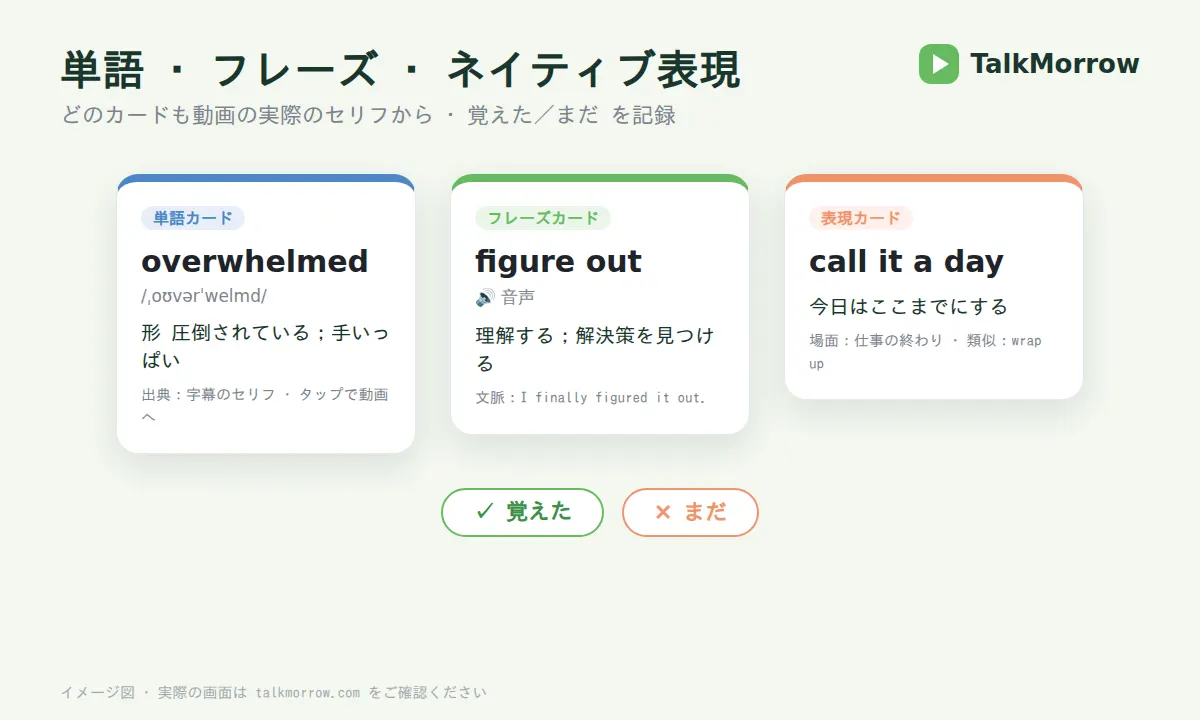 単語・フレーズ・表現の 3 種類のカードのイメージ